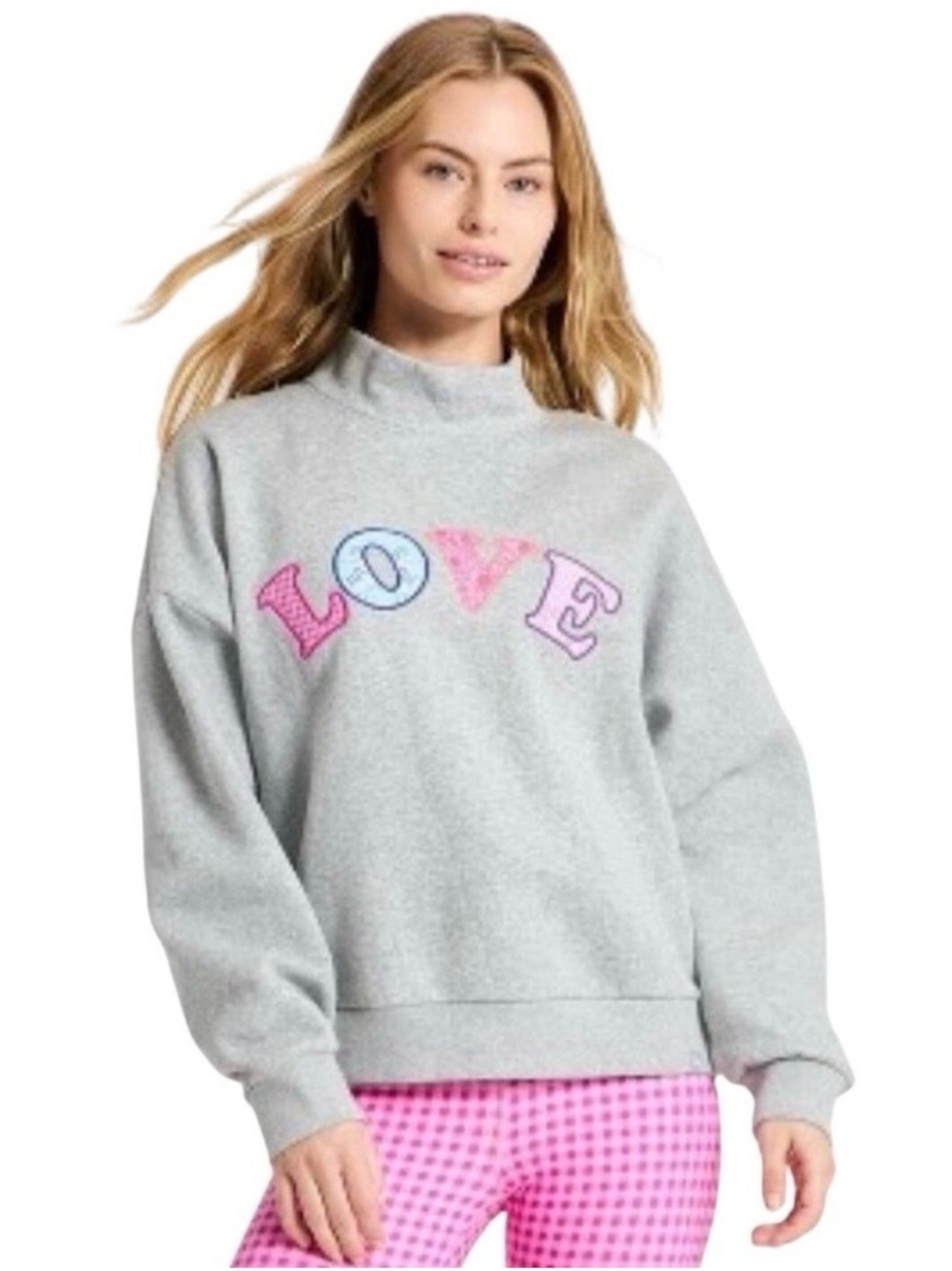 Mock Neck Embroidered Graphic Sweatshirt LOVE Gray Pink Blue Pullover Small